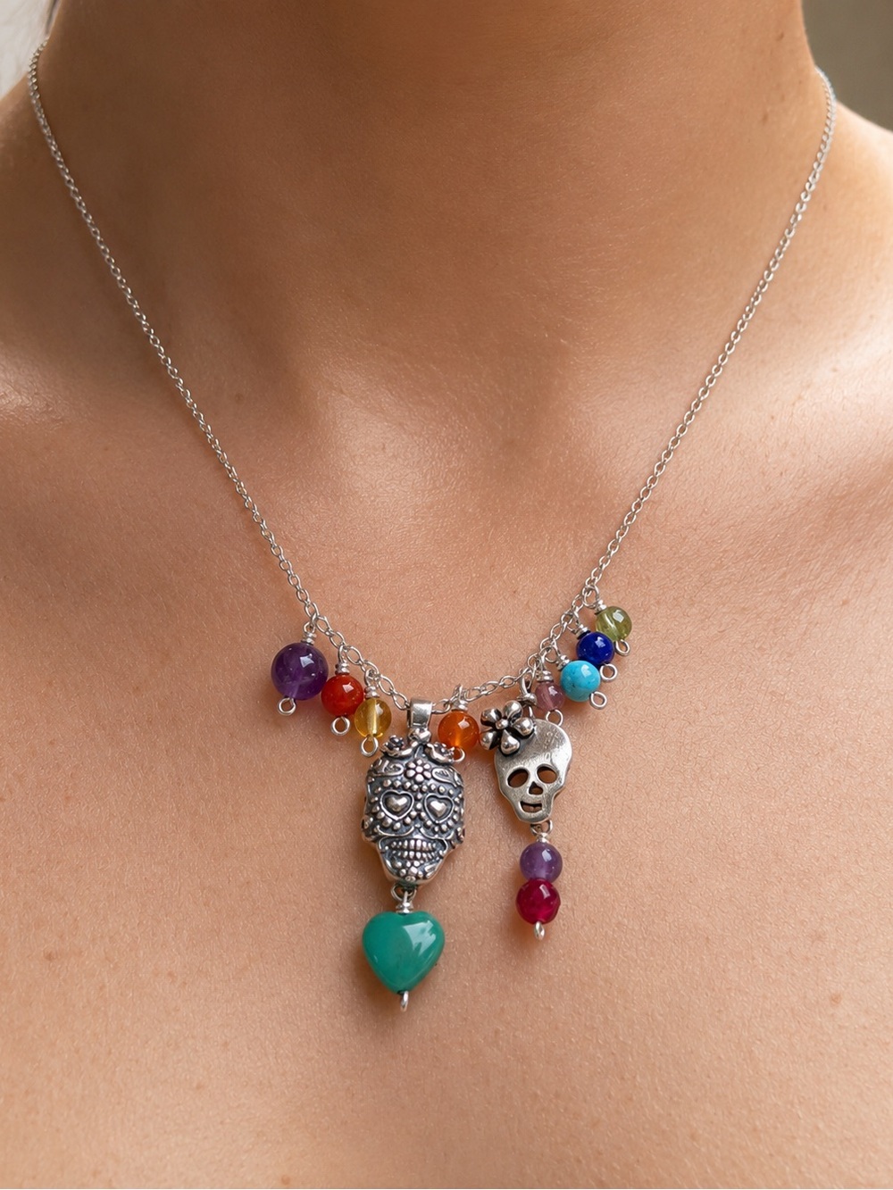 Multicolor Day of the Dead Charm 925 Sterling Silver Necklace handmade